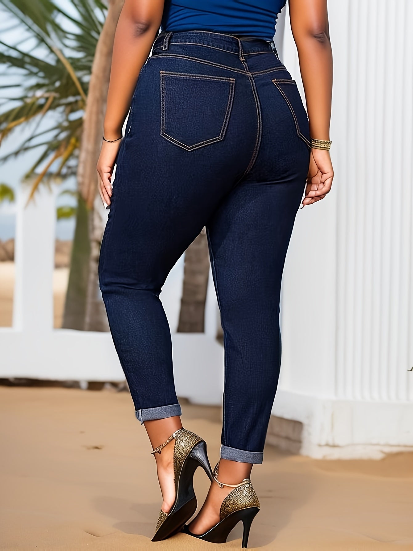 Plus Size Women's High Rise Skinny Jeans with Rolled Button Fly and Medium Stretch Denim
