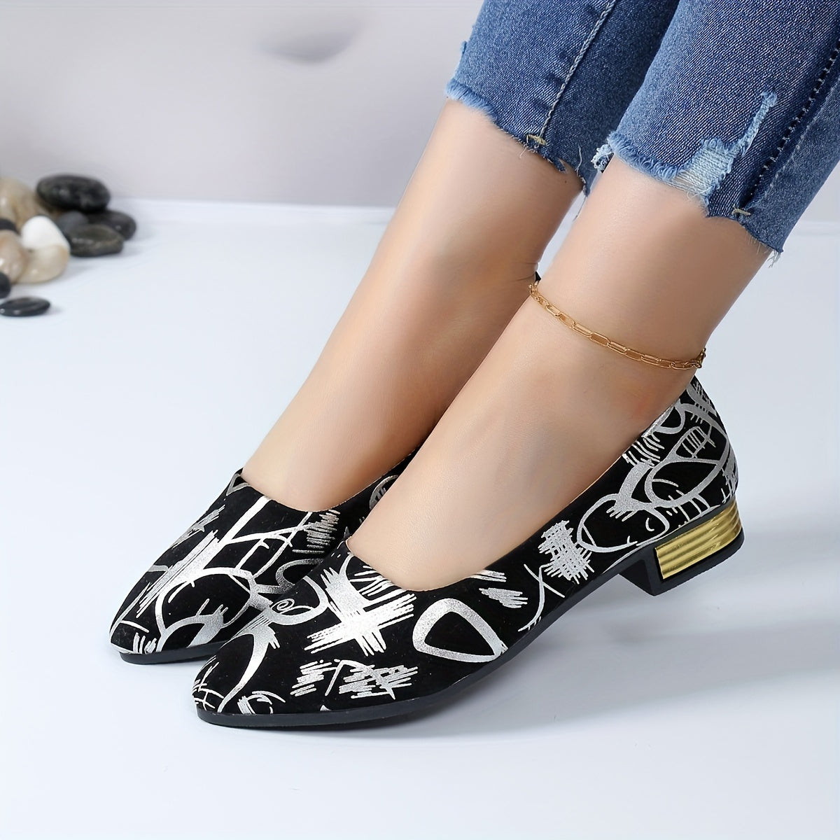 Women's Fabric Pointed Toe Block Heel Shoes All-Season Low Heel