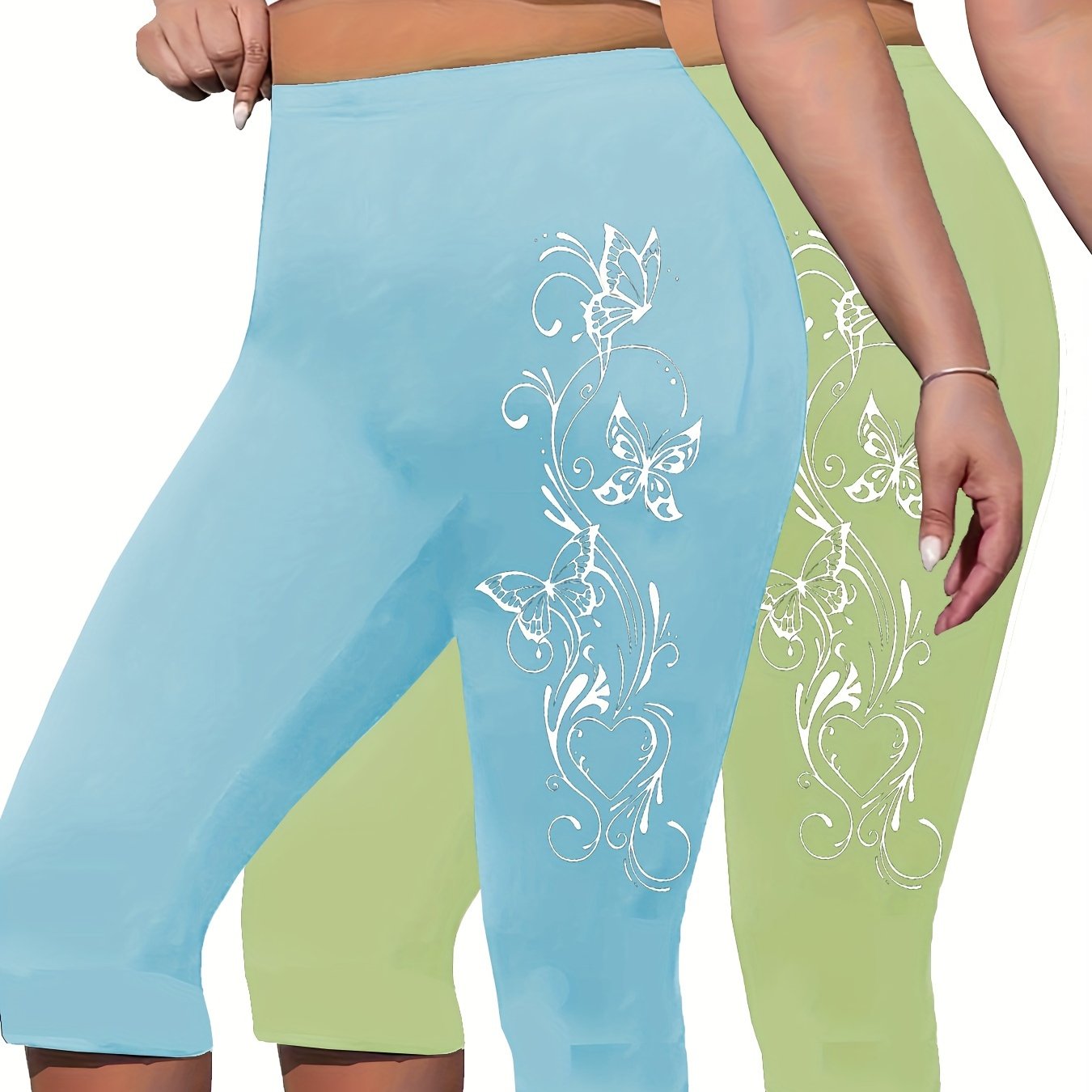 Plus Size Butterfly Print Capri Leggings High Waist Stretchy Spring Summer Women