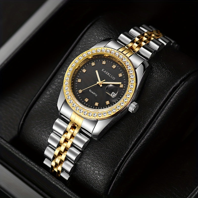 Women's Rhinestone Quartz Watch with Moon-Phase Calendar and Stainless Steel Band