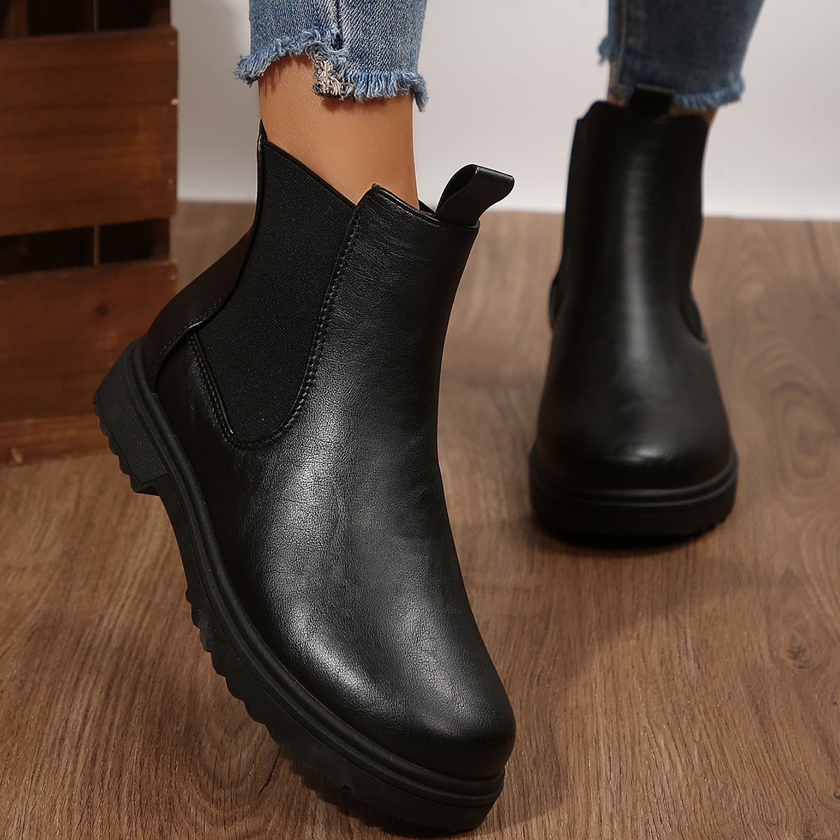 Women's Black PU Flared Ankle Boots Lightweight Casual Hiking