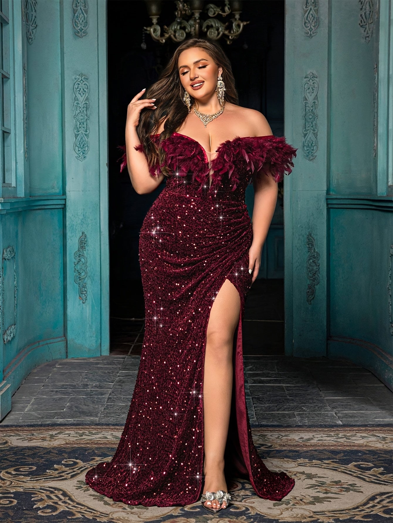 Plus Size Off Shoulder Mermaid Sequin Evening Dress for Formal Events