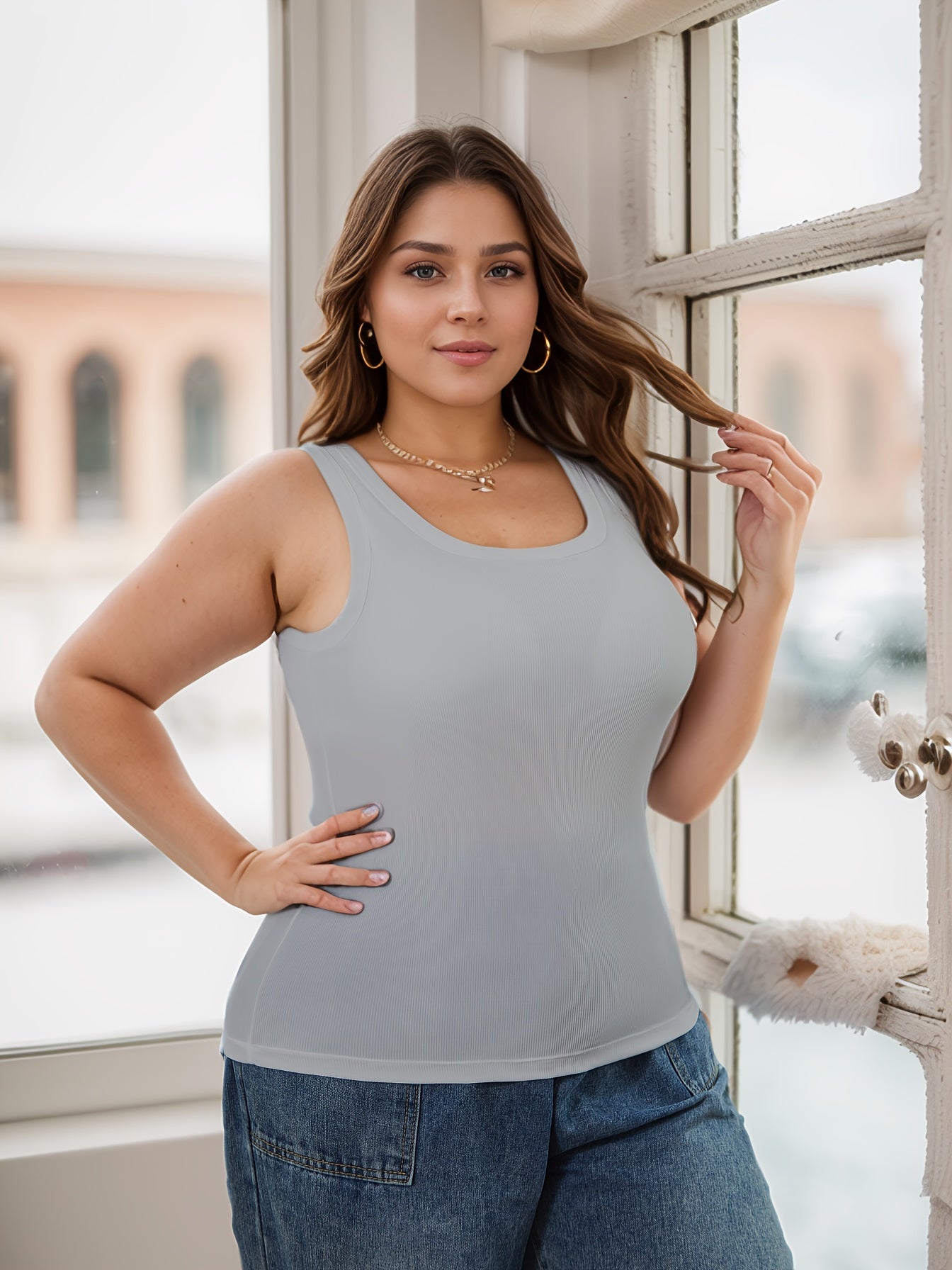 Plus Size Women's Cotton Ribbed Camisole with Built-In Padding and Chest Pad