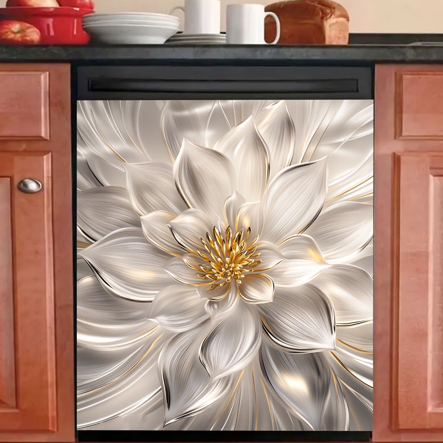 3D Lotus Pattern Dishwasher Magnetic Cover Waterproof Heat-Resistant Kitchen Decor Accessory