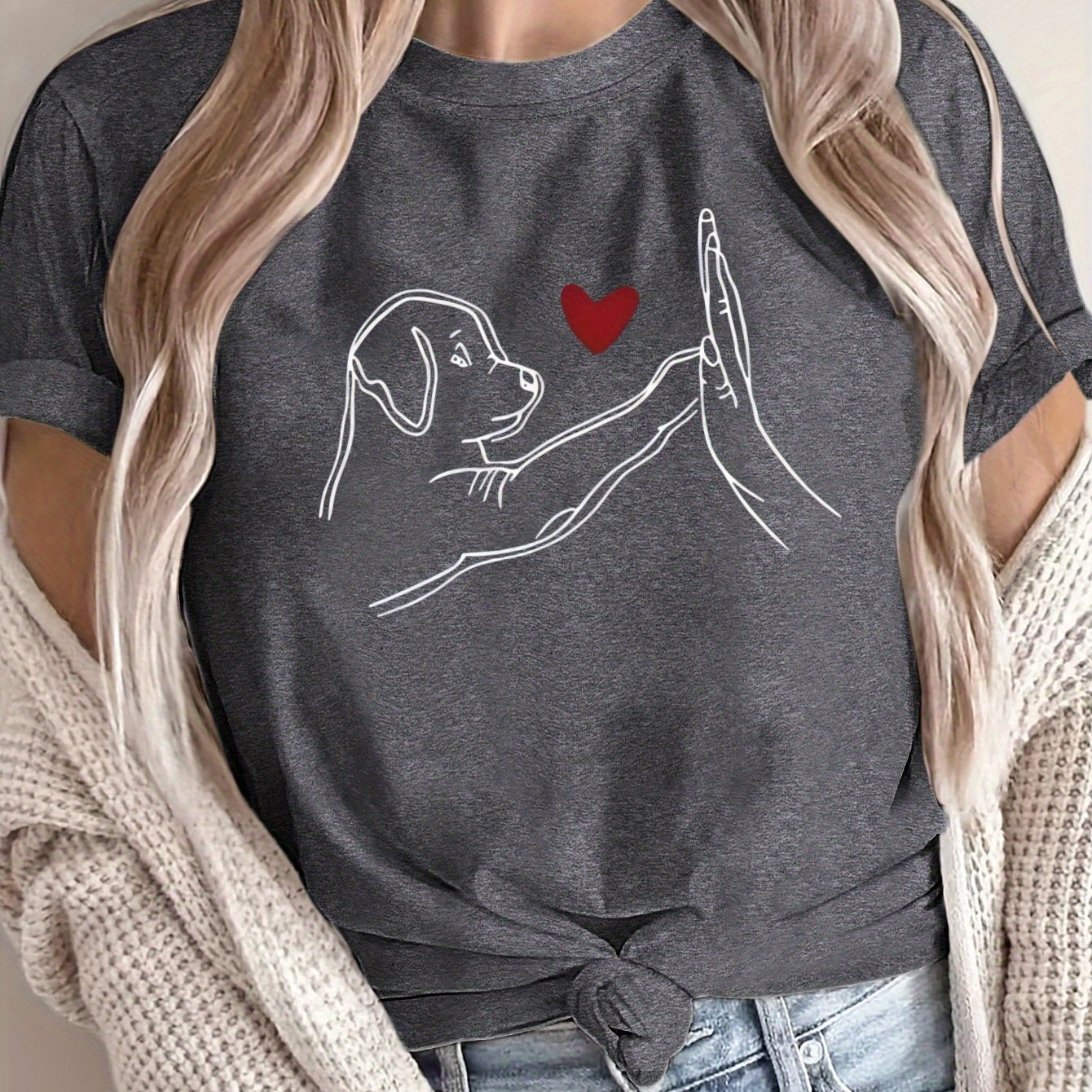 Women's Plus Size Loose Fit T-Shirt Cotton Casual Top with Cartoon Dog Design