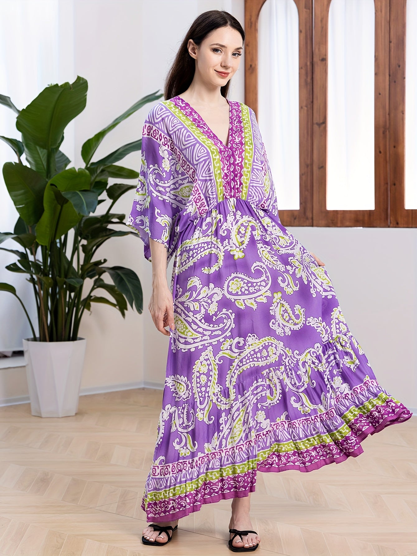 Plus Size Women's Bohemian Maxi Dress Vibrant Orange Blue Floral V-Neck