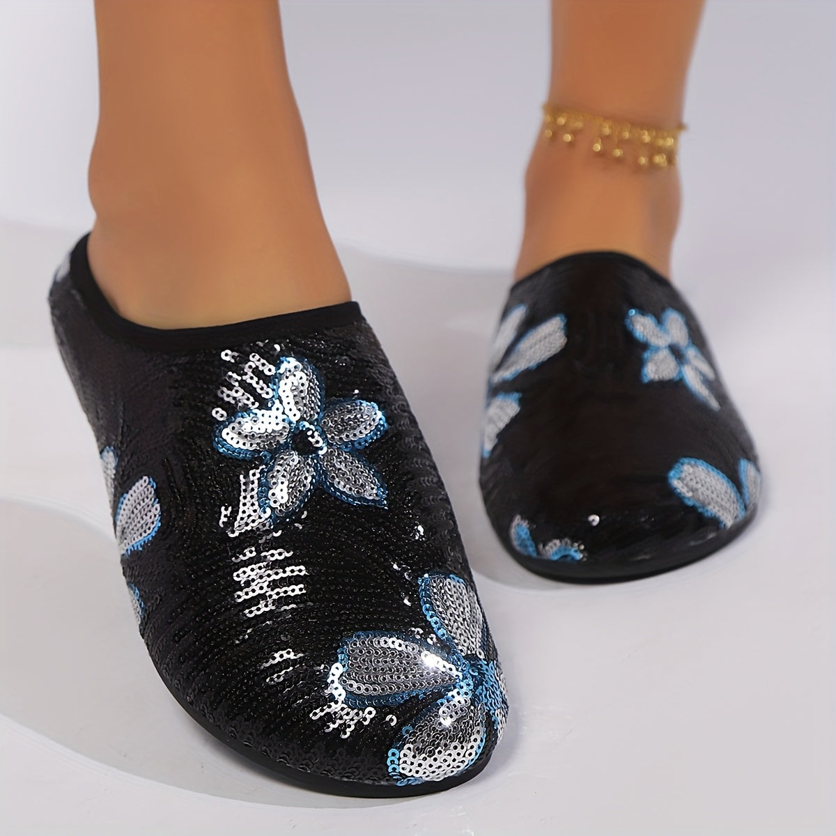 Women's Sequin Floral Mules Lightweight Slip-On Flats with Rhinestone Butterfly