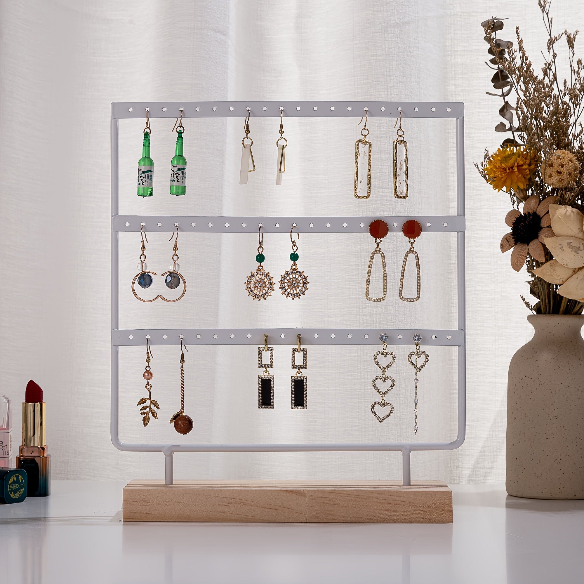 Средний деревянный и железный трехъярусный подставка для серег и украшений