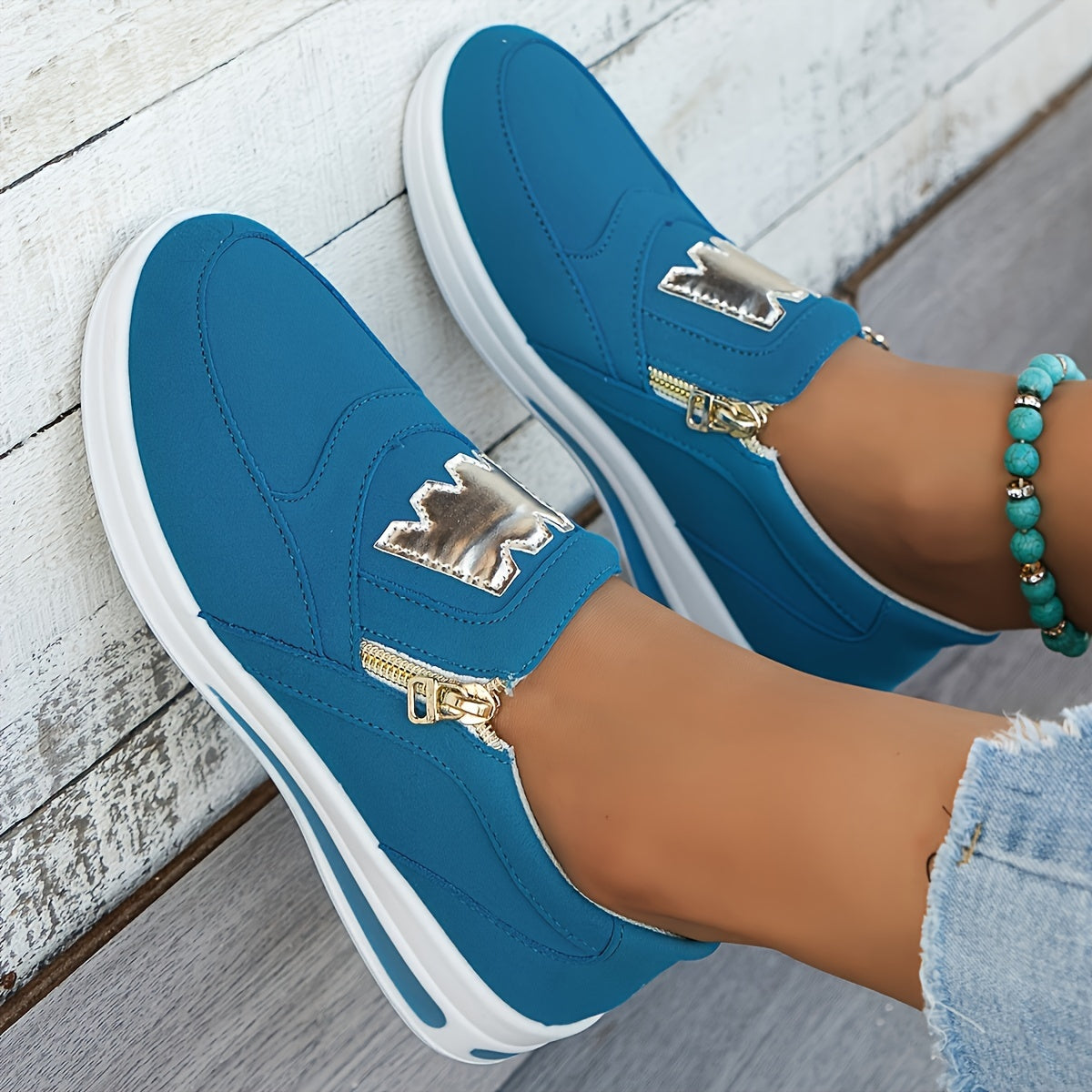 Women's Red Slip-On Sneakers with Zipper Low Top Lightweight PU Sole