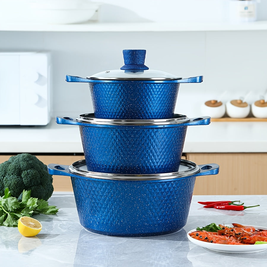 Ko'mirli plita uchun yopishmaydigan qoplamali ko'k alyuminiy idishlar to'plami, qozonlar va panellar