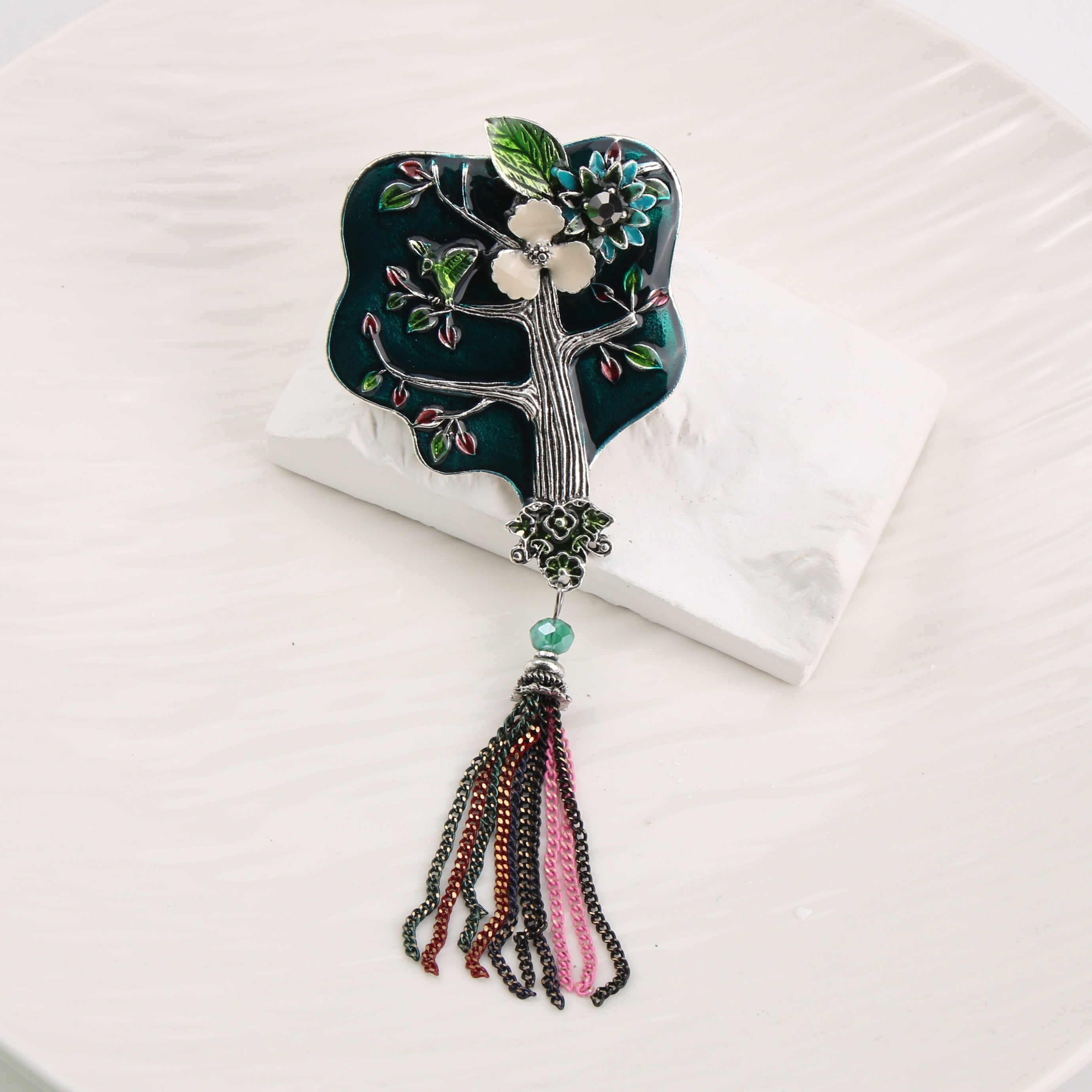 Vintage Enamel Tree Brooch with Tassel for Women Jewelry Gift Accessory