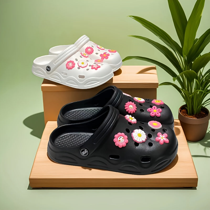 Women's Summer Clogs With Pink Flower Accessories Slip-On Comfortable Beach Daily