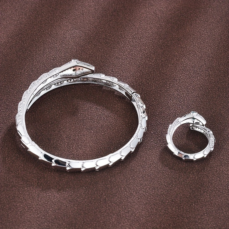 Women's Serpent-Inspired Jewelry Set with Zirconia Bracelet and Ring