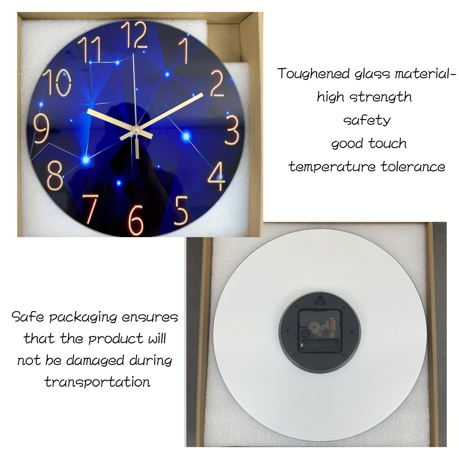 12"/14" Silent Wall Clock with Dark Blue Geometric Design. Made with 4mm Tempered Glass and Japanese Quartz Movement. Perfect for indoor and outdoor decor. Great gift option (Battery not included).