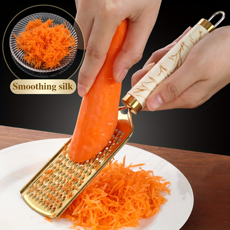 Stainless Steel Kitchen Grater for Shredding Food with Safe Handle and Gold Finish