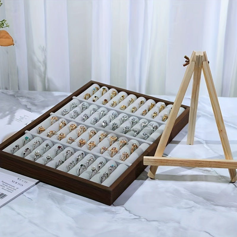 Wooden Jewelry Display Box with Plush Ring Holder and Large Storage Tray