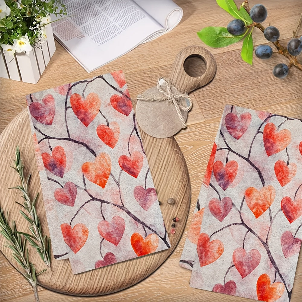 Valentine's Heart Kitchen Towels Set of 2 Soft Absorbent Dish Hand Towels Red Pink