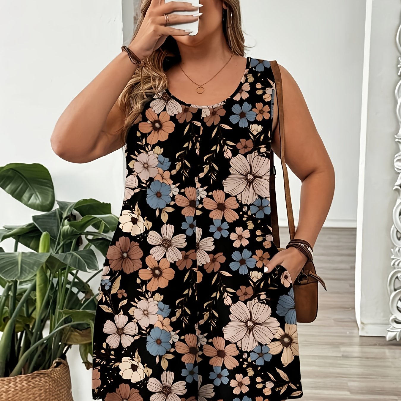 Plus Size Women's Floral Comfortable Jumpsuit with Pockets