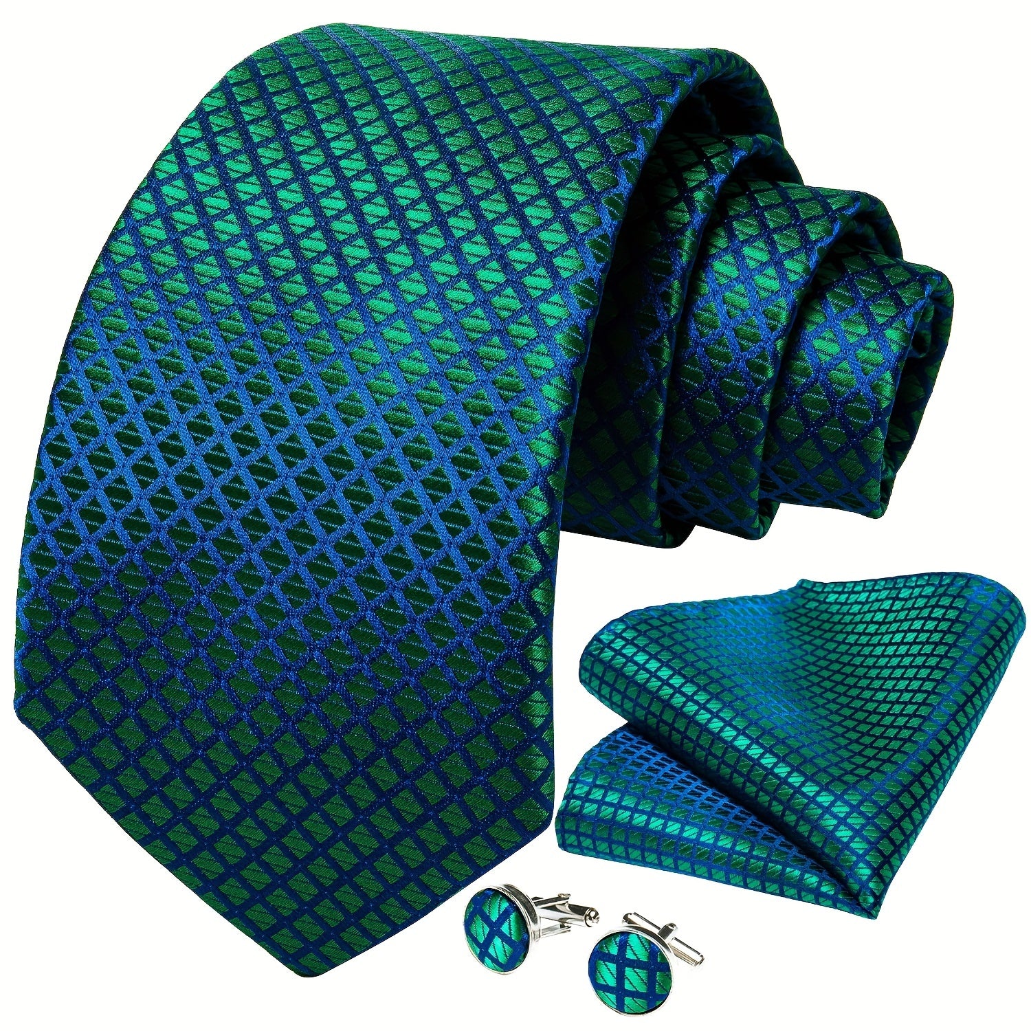 Men's Tie Set with Paisley Plaid and Striped Designs Including Pocket Square Cufflinks Ring