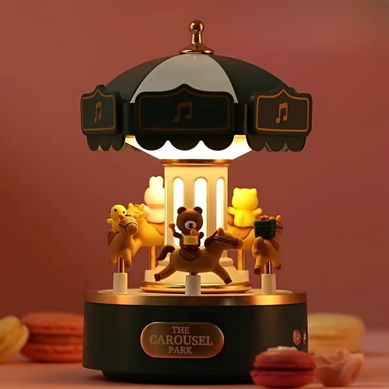 Cartoon Carousel Music Box Night Light with Adjustable Brightness Rechargeable USB Gifting