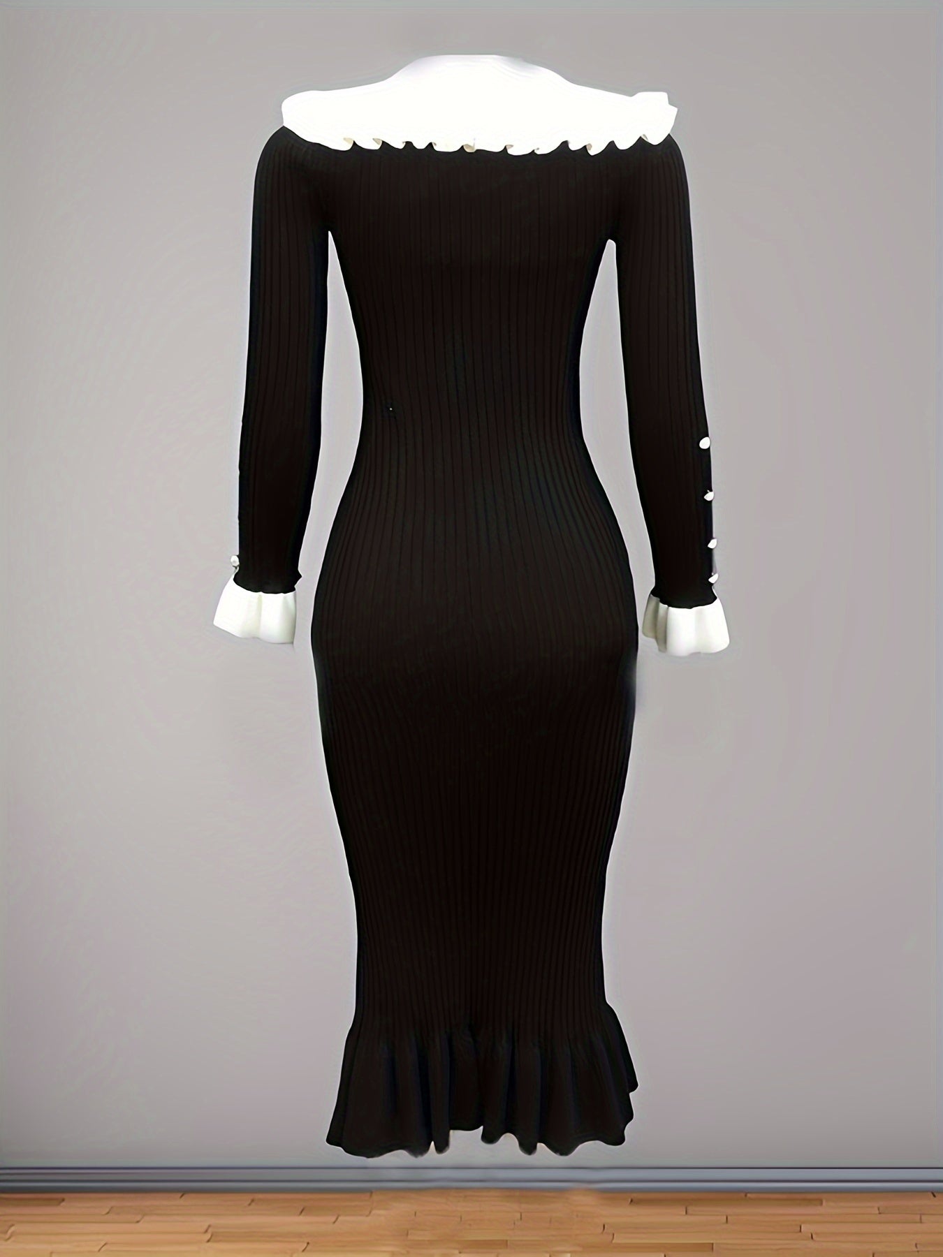 Ayollar uchun vintage fransuz uslubidagi sviter ko'ylagi, uzun qirrali yenglar va yumshoq bo'yin bilan, 95% polyester va 5% elastan materialidan tayyorlangan. Kuz/qish mavsumi uchun bir rangli dizayn.