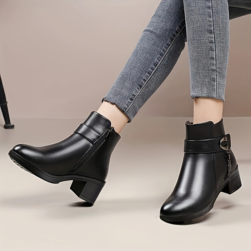 Women's Fleece-Lined Winter Boots Mid-Heel Warm Short Booties Wide Fit