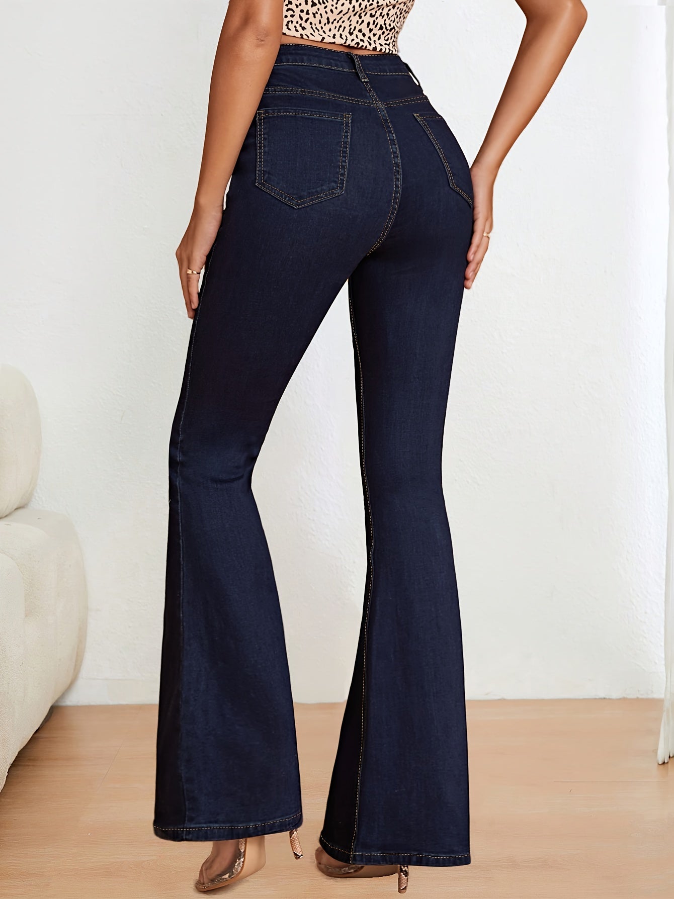 Women's High-Waisted Flare Jeans Blue Denim Slim Fit Long Length