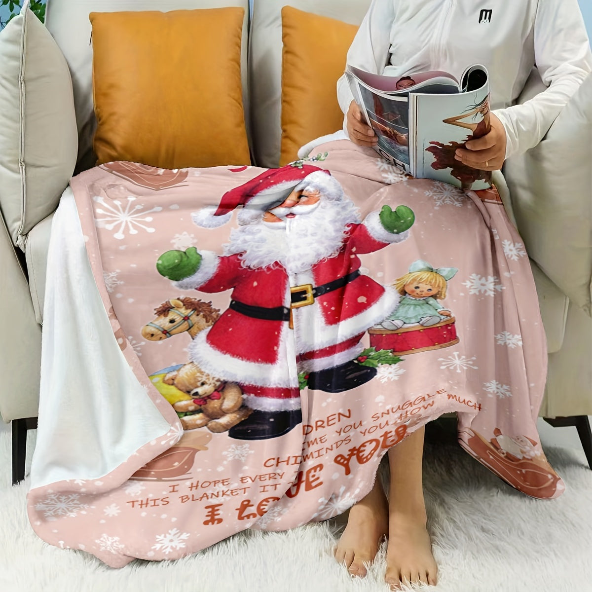 Flannel Throw Blanket with Santa Claus Print All-Season Stain-Resistant Gift