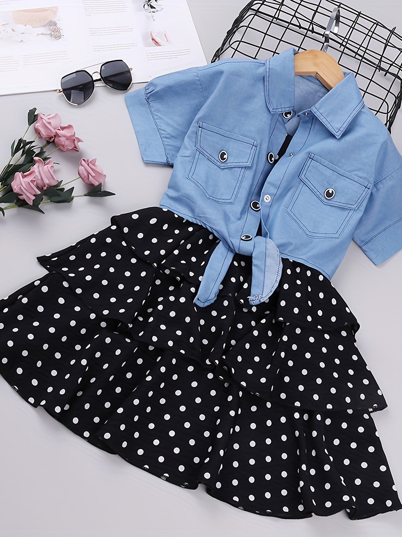 Girls' Summer Polka Dot Skirt and T-Shirt Set for Girls Aged 13 Plus