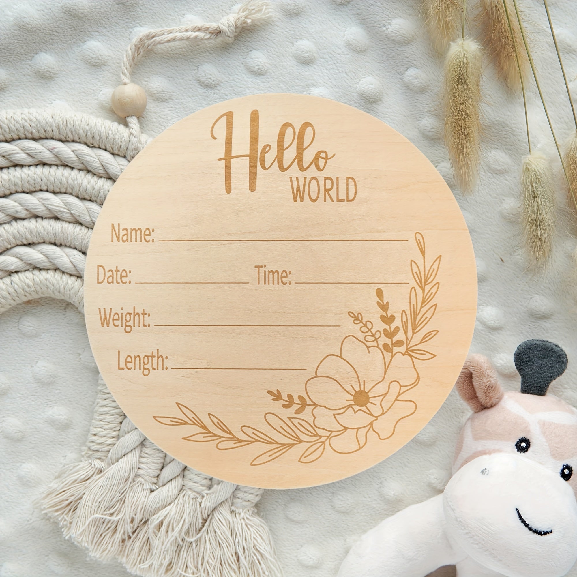 Wooden Plaque for Newborns Engraved Hello World Baby Announcement Display Gift