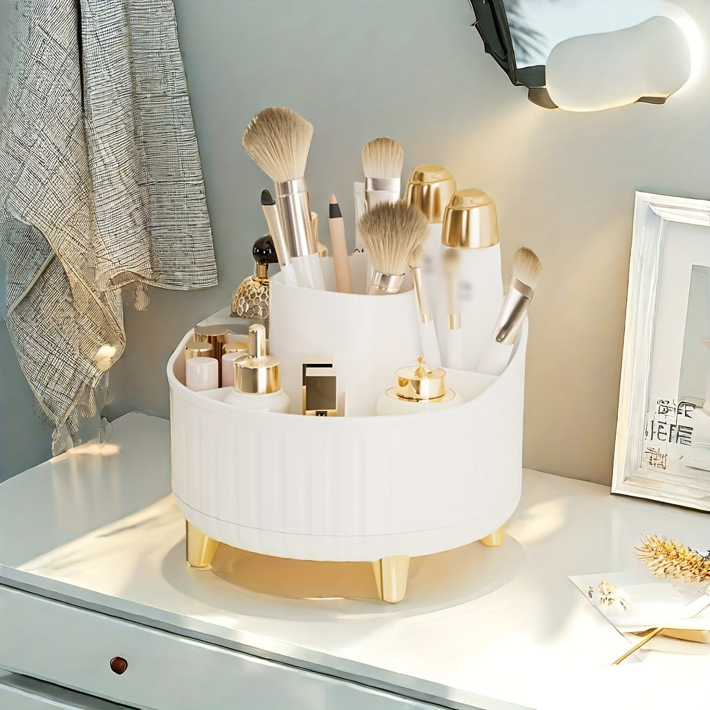 Pink and Gold Rotating Makeup Organizer with Multiple Compartments and Brush Holder