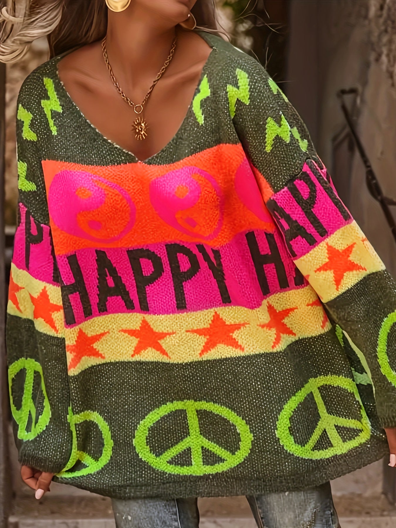 Women’s Plus Size V-Neck Sweater with Peace Sign and Star Print Green Orange
