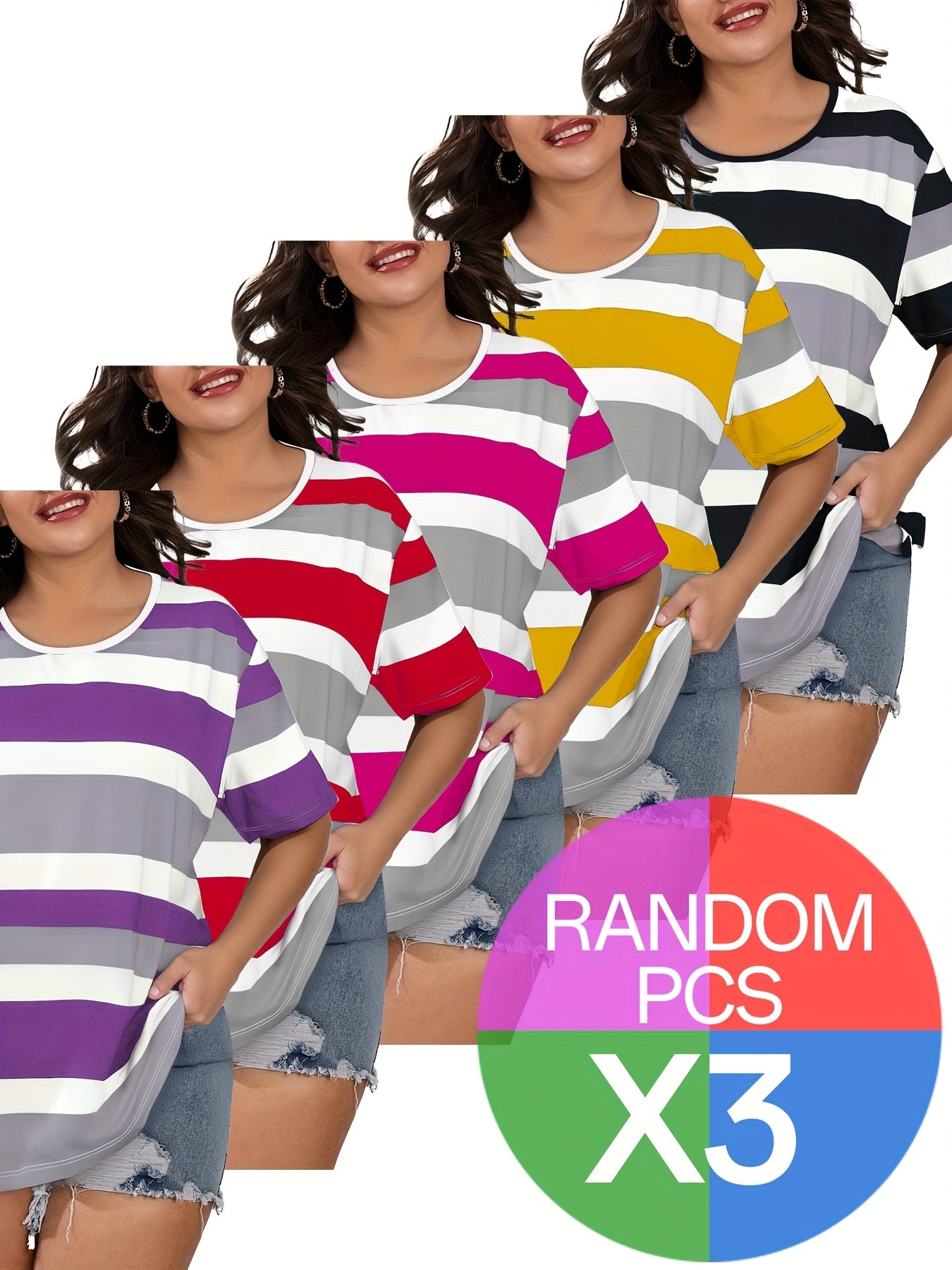 Women's Plus Size Breathable Cotton Striped Short Sleeve T-Shirts for Casual and Light Exercise