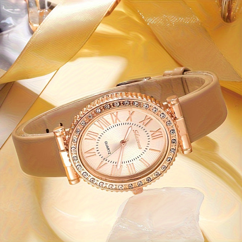 Women's Watch Set with Rhinestones, Oval Case, PU Leather Strap, Elegant Gift