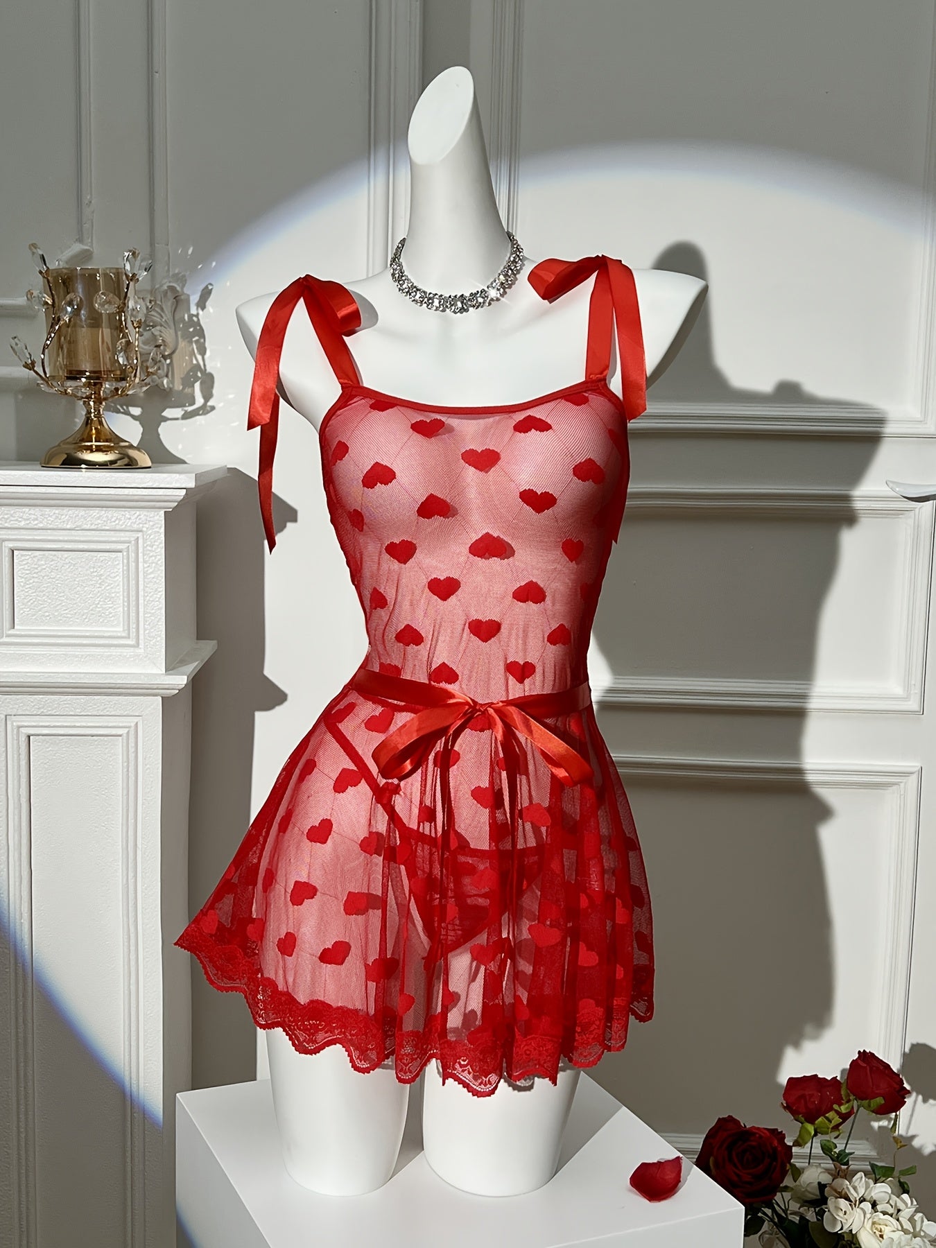 Red Mesh Lingerie Dress Set with Thong for Women