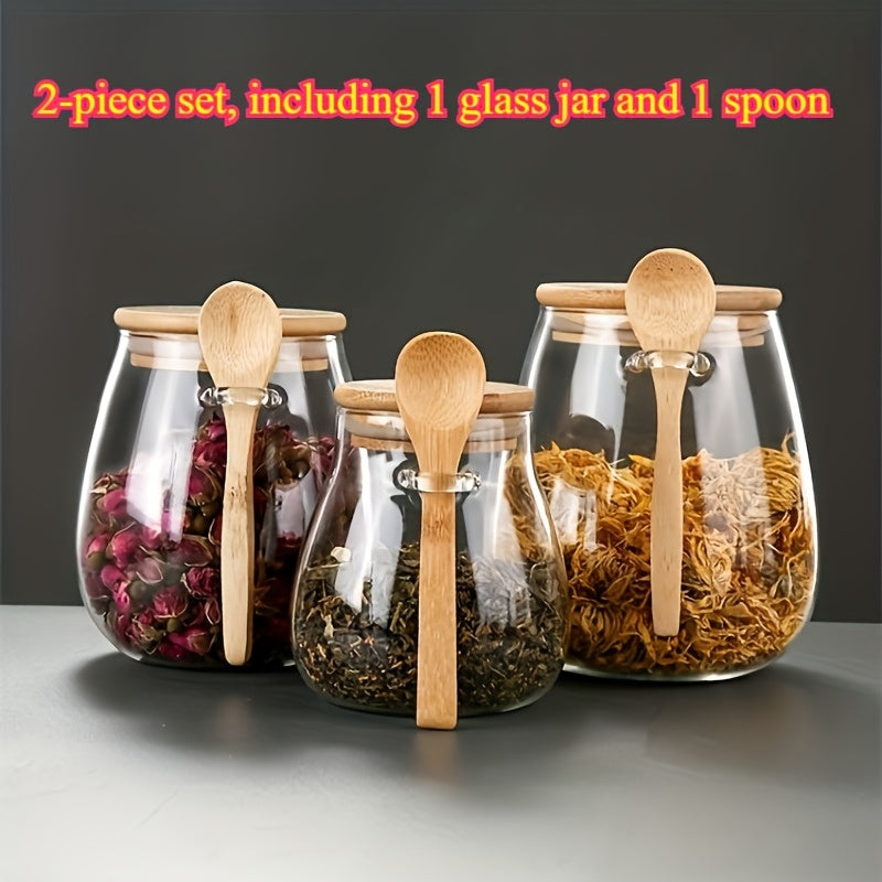 Set of 2 Glass Jars with Wooden Lids and Spoons for Coffee Tea Spices