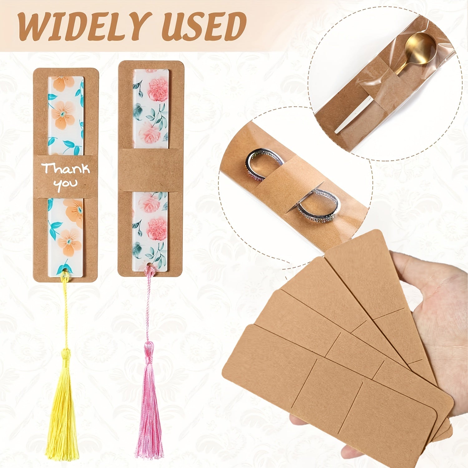 Set of 200 Kraft Paper Bookmark Clips with Self-Adhesive Bags and Display Card