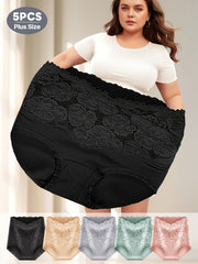 Plus-Size High-Waist Tummy Control Panties with Lace Trim and Butt Lift 5 Pack