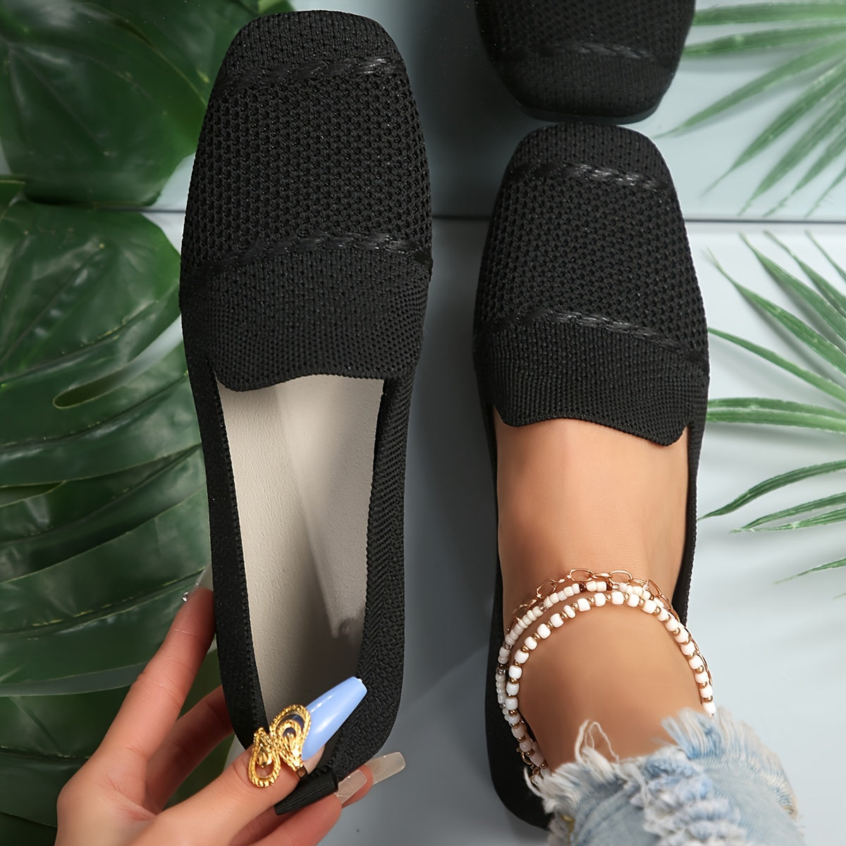 Zapatos de mujer sin cordones con tela de punto transpirable, ligeros, punta cuadrada, para todas las estaciones, ballet