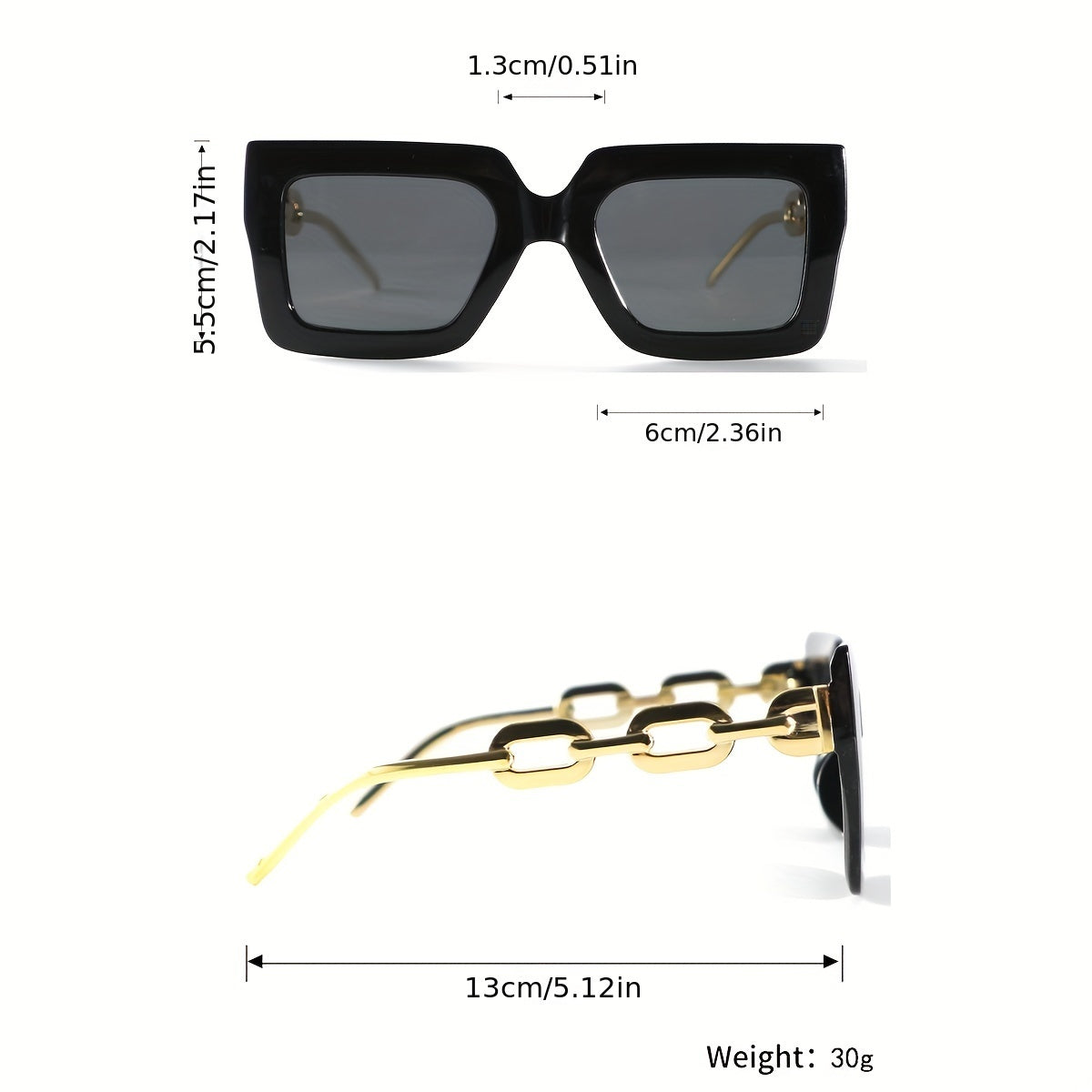 Oversized Square Glasses with PC Frame and Metal Chain Hollow Temples for Summer Beach Vacation