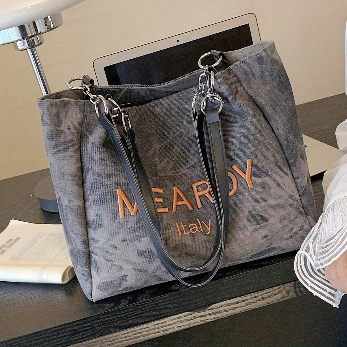 Denim Tote Bag Large Capacity Canvas Zipper Black Sky Blue