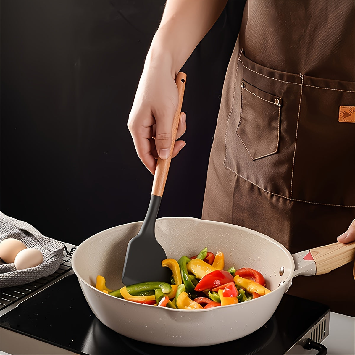 Set of 12 Silicone Kitchen Utensils with Wooden Handles Non-Stick Washable