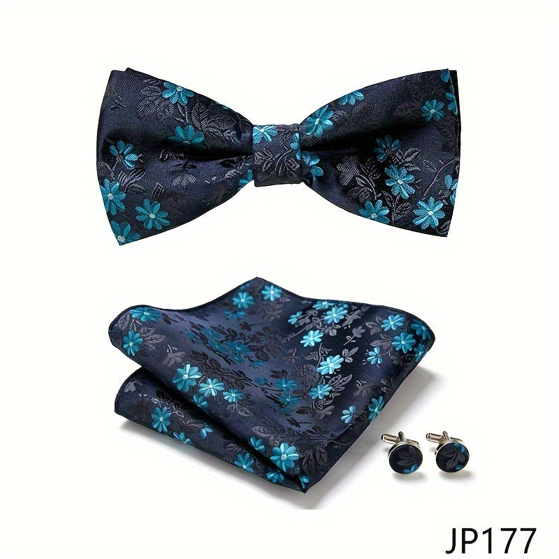 Men's Blue Polyester Tie and Pocket Square Set Floral Pattern for Formal Events