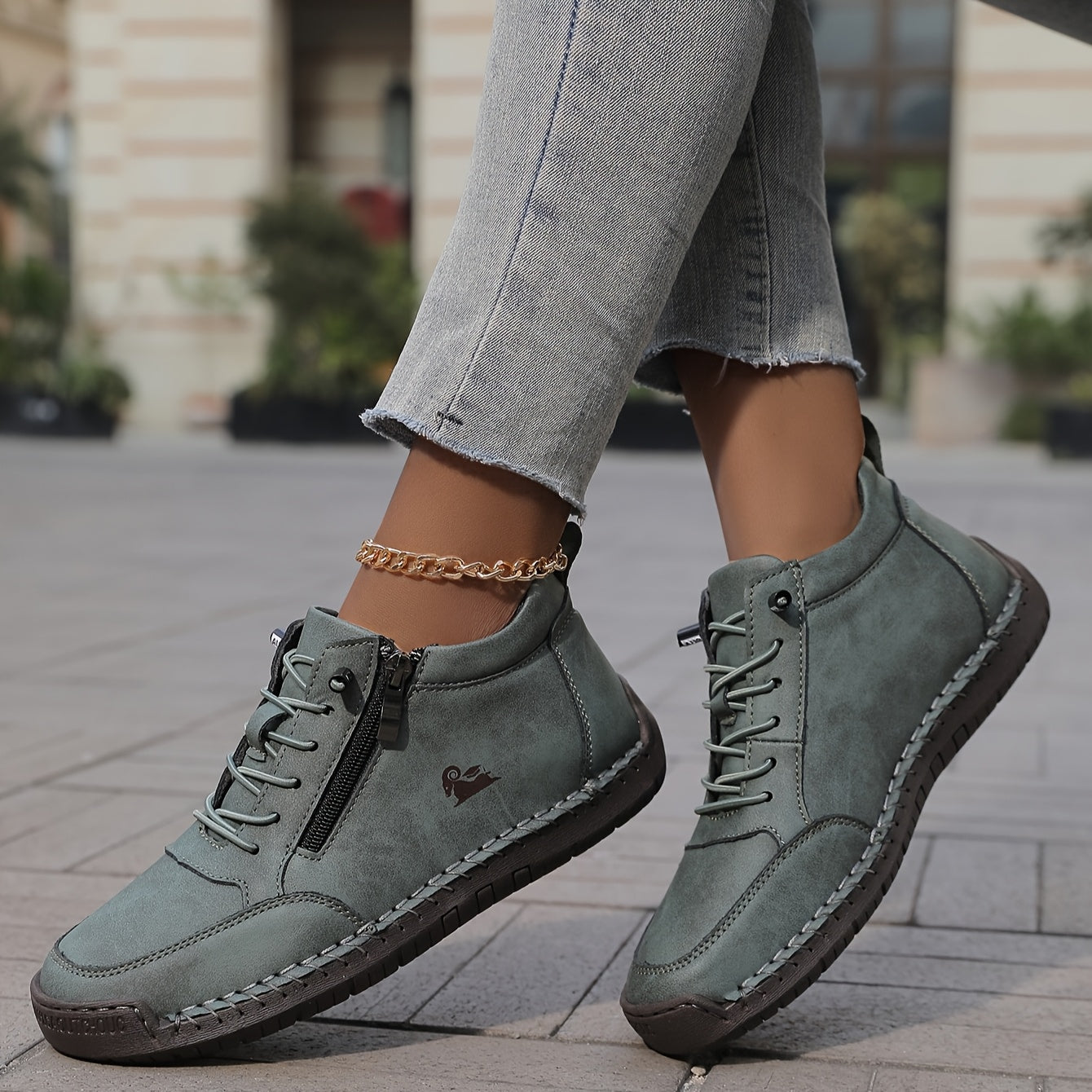 Women’s Handmade Stitched Leather Midband Slip-On Casual Short Boots