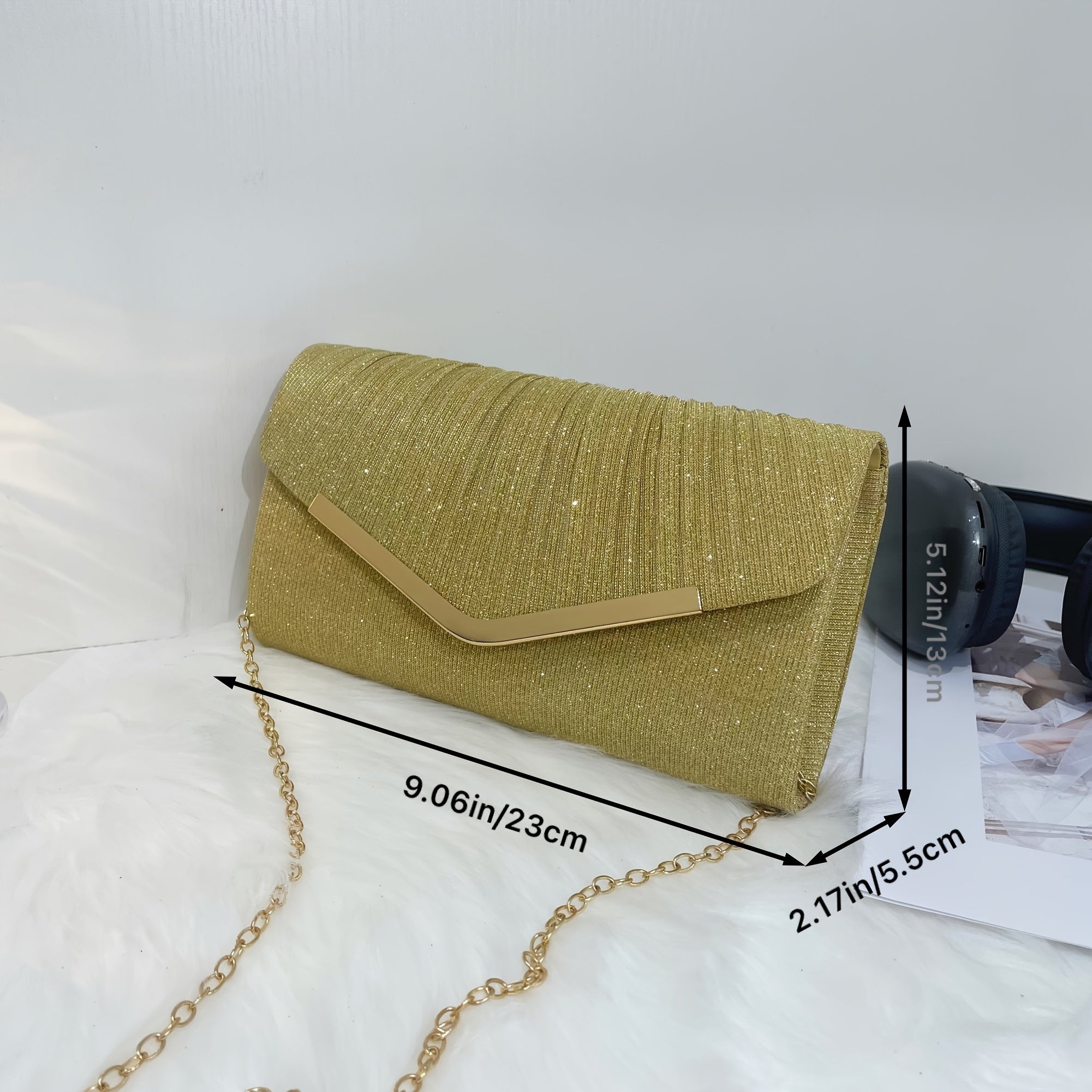 Women's Glitter Fabric Envelope Clutch Bag with Removable Strap for Weddings and Parties