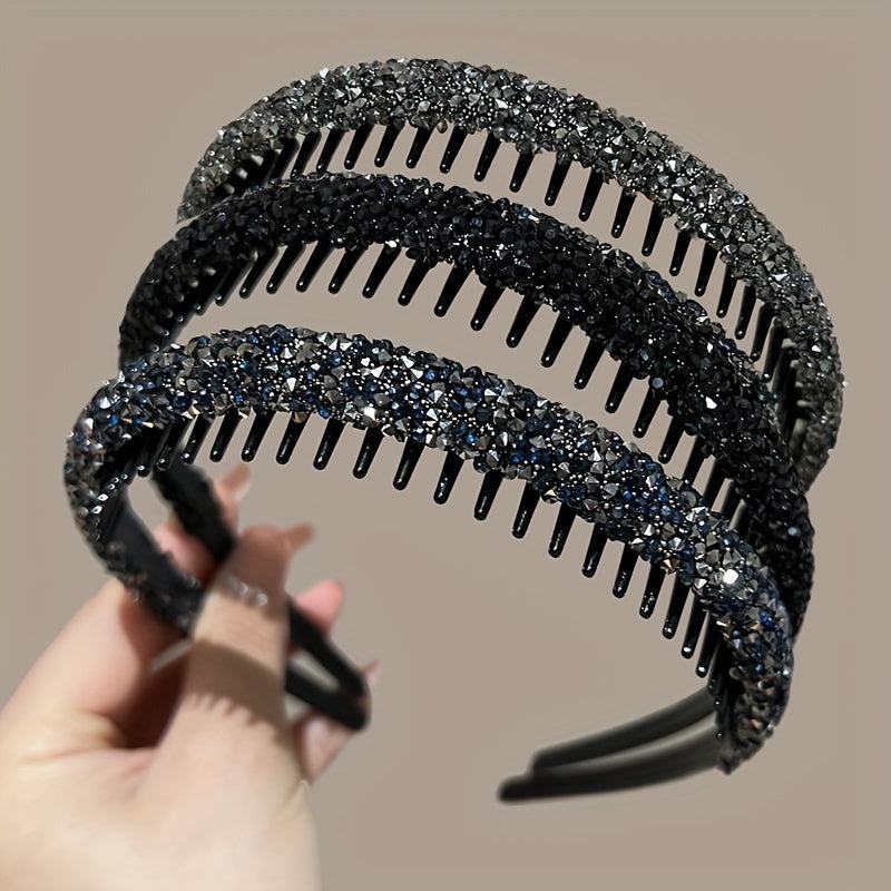 Set of 3 Rhinestone Hair Clips with Anti-Slip Headband for Styling
