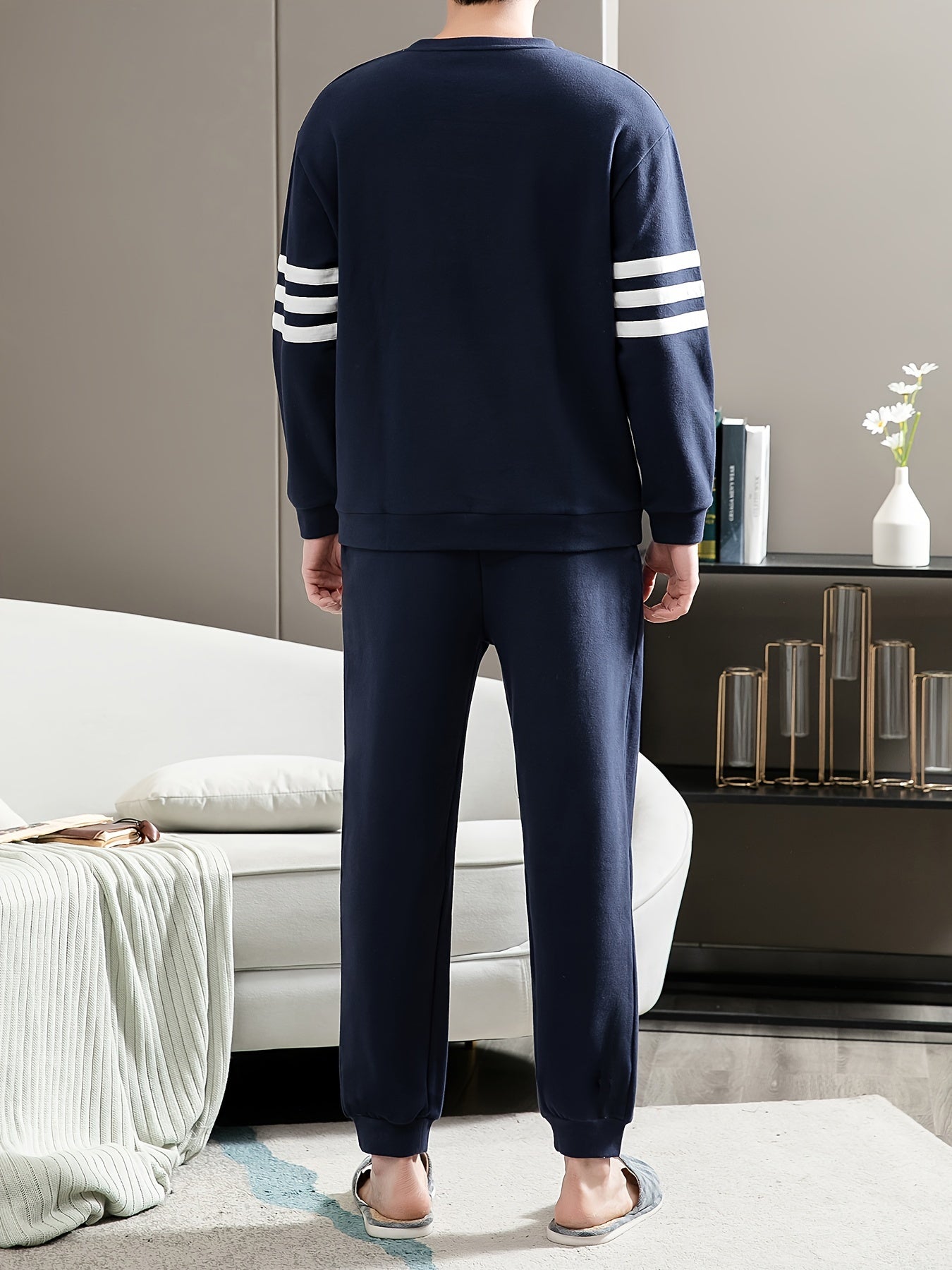 Men's Cotton Pajama Set with Letter Graphic Print Long Sleeve Crew Neck Top and Loose Pants for Spring and Fall