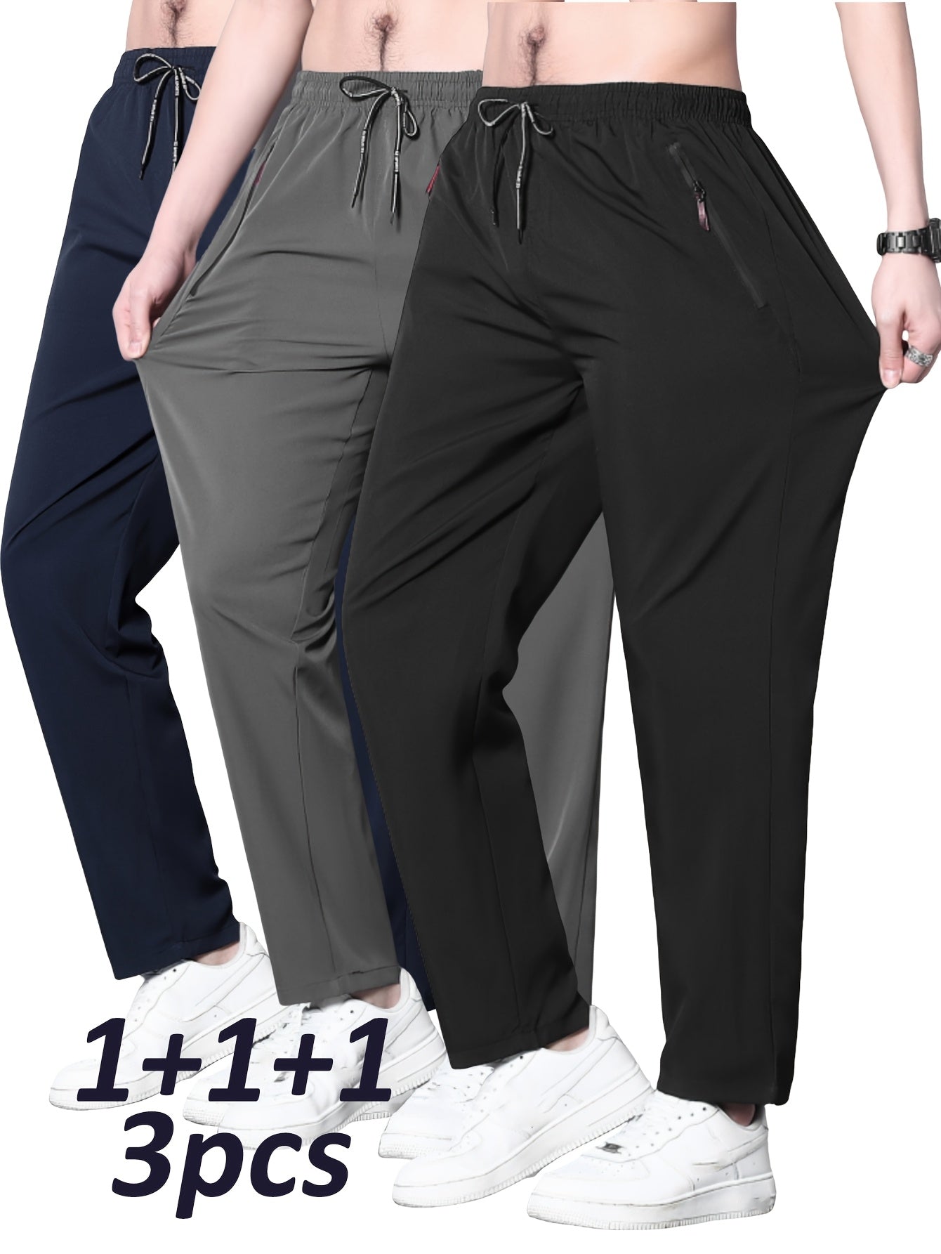 Pantalones deportivos largos de talla grande para hombre, pantalones casuales de verano, pantalones deportivos de poliéster con detalle de cremallera