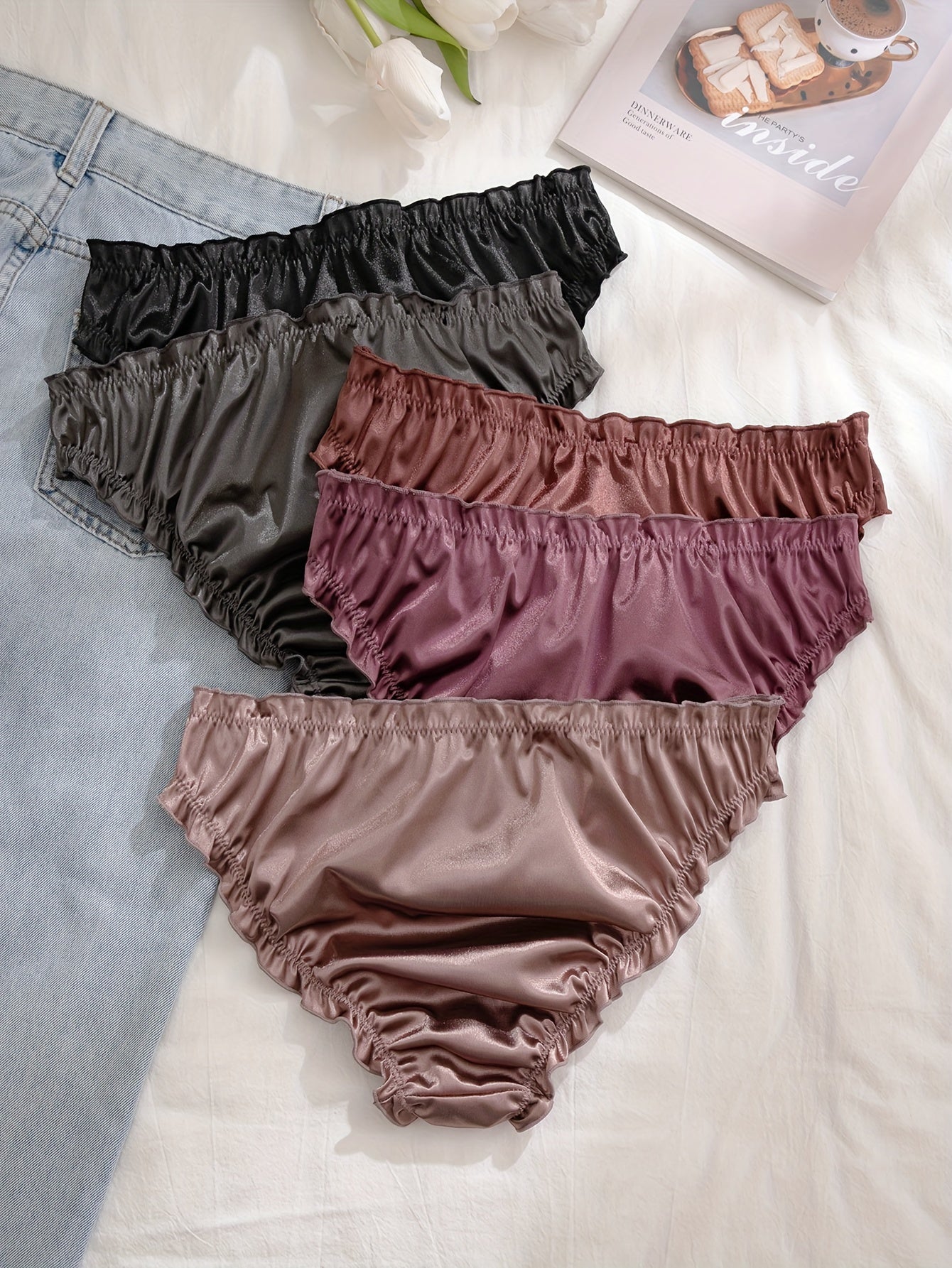 Women's Satin Bow Low Waist Briefs 5 Pack Soft Stretchy Lingerie