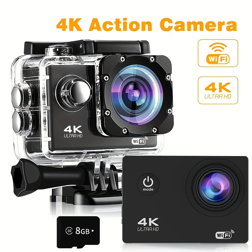 4K Ultra HD Action Camera with WiFi Remote Control 170° Wide-Angle Lens 8GB Card